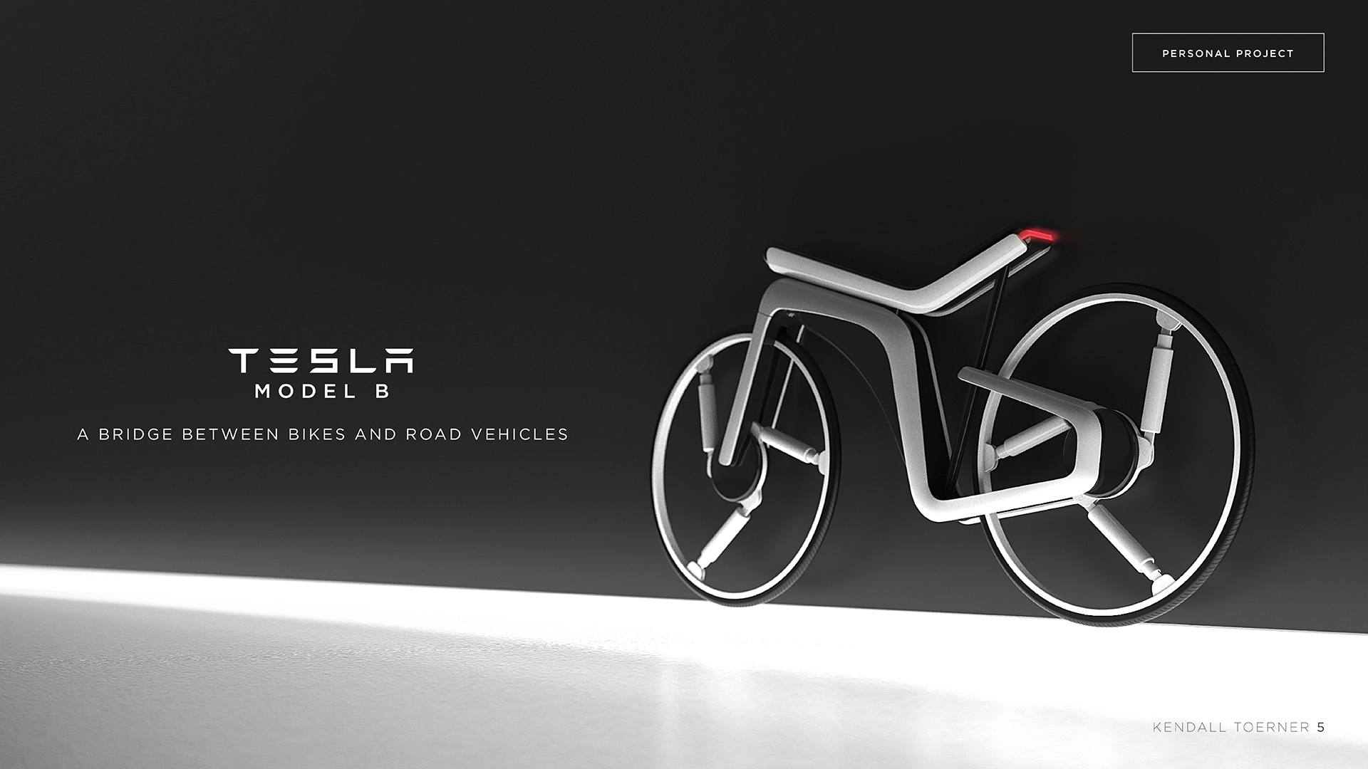 Tesla Model B independent bicycle design concept shown in a dark studio setting