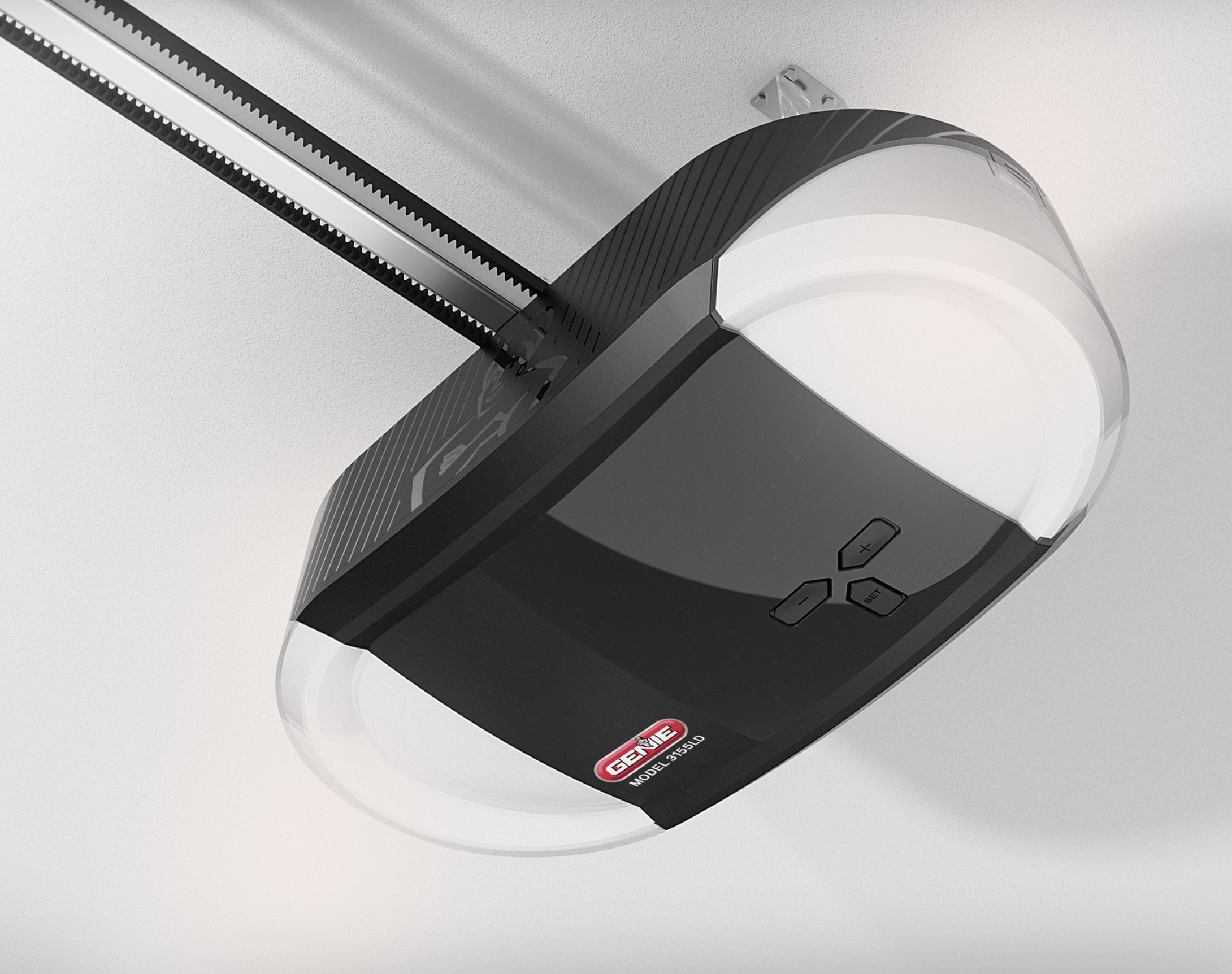 Genie garage-door opener with its lighting, controls, enclosure, and rail resolved as one product