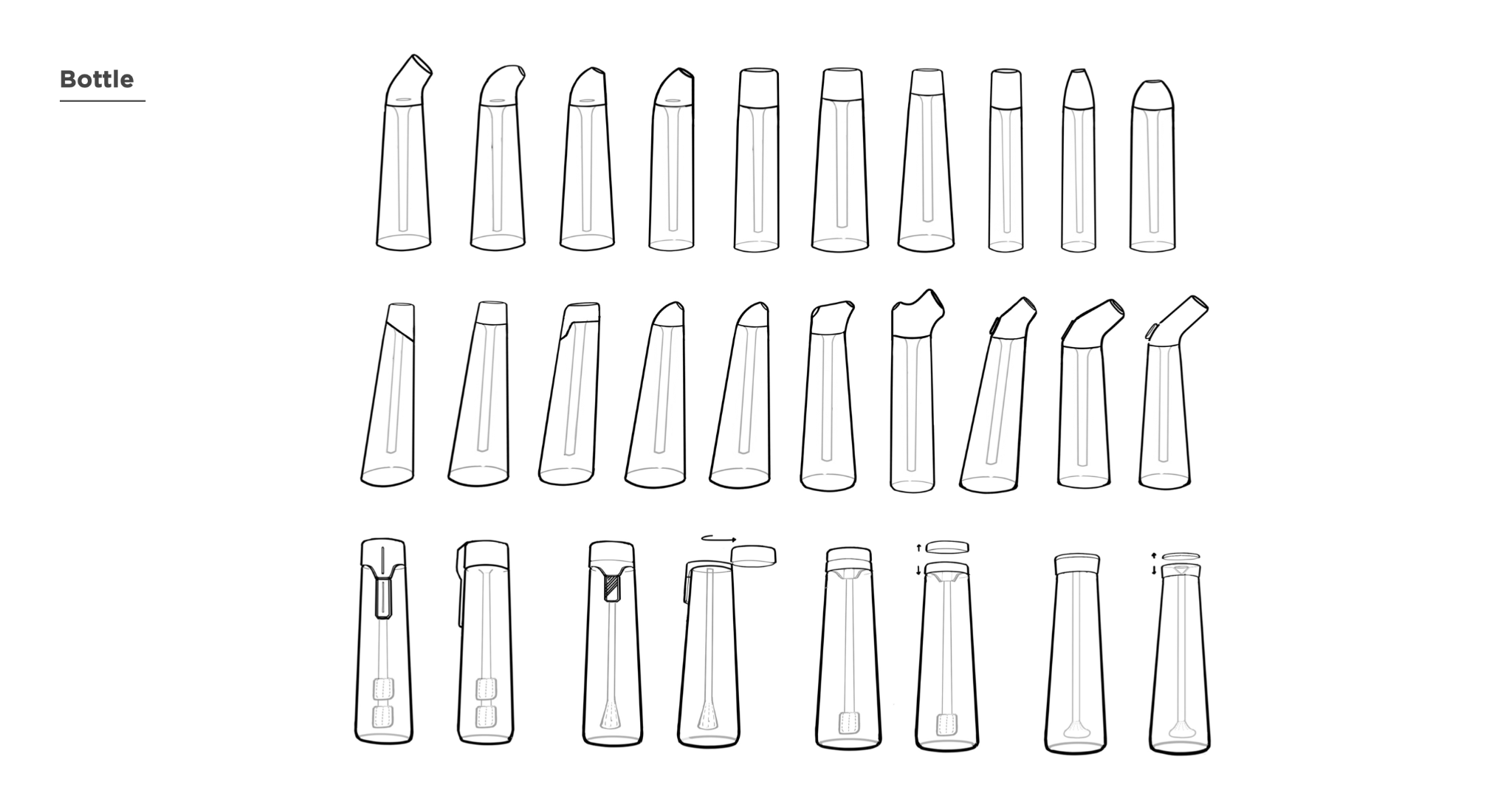 ZRO:ONE bottle-form sketch exploration with numerous interaction and component directions