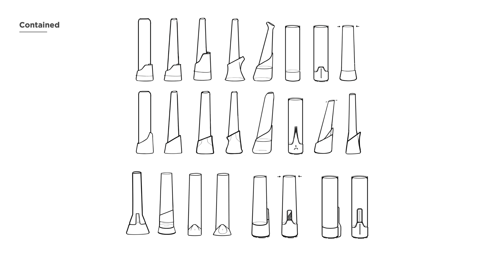 ZRO:ONE contained-architecture sketch exploration with numerous product directions